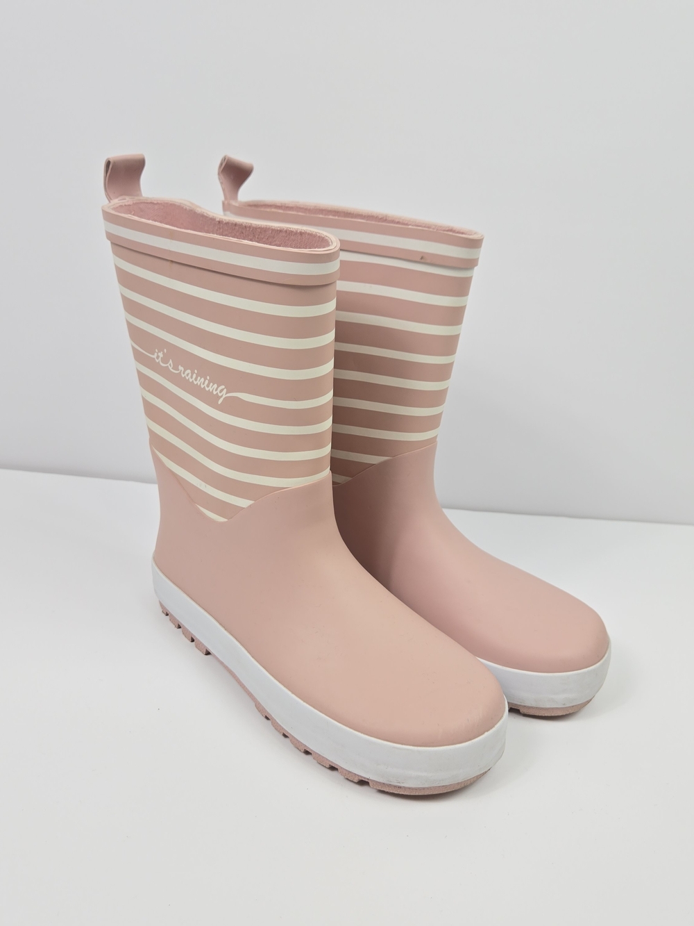 Okaidi Girls Rain Boots US 1 Big Kid EU 32 Pink White Striped Waterproof Wellies